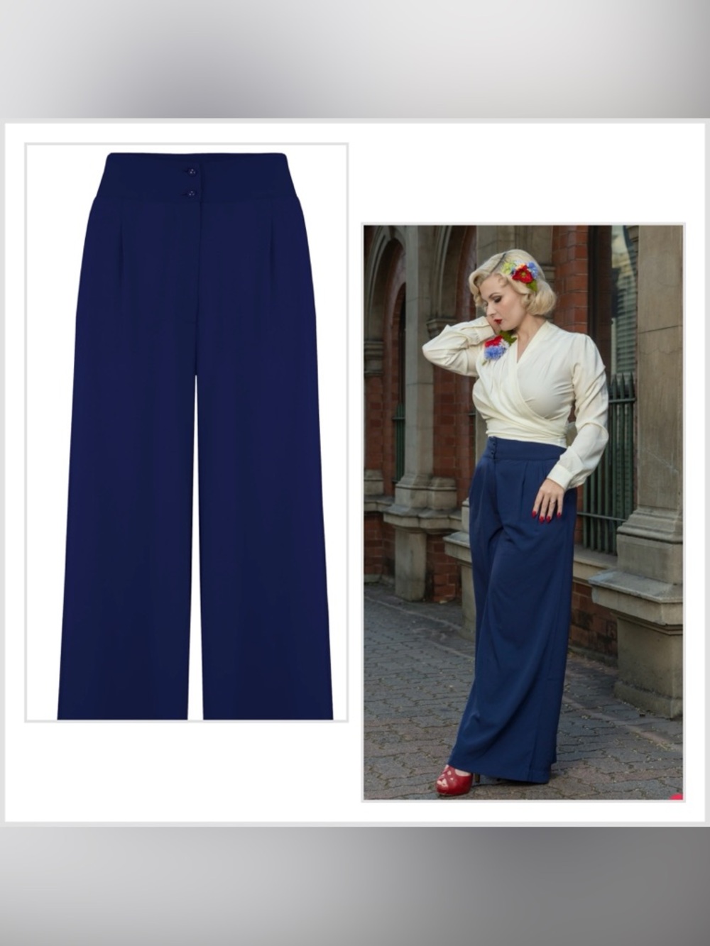 Wide Leg Pants | 40s Style | Navy Blue| UK 10 | M L | Rockn’ Romance Vintage